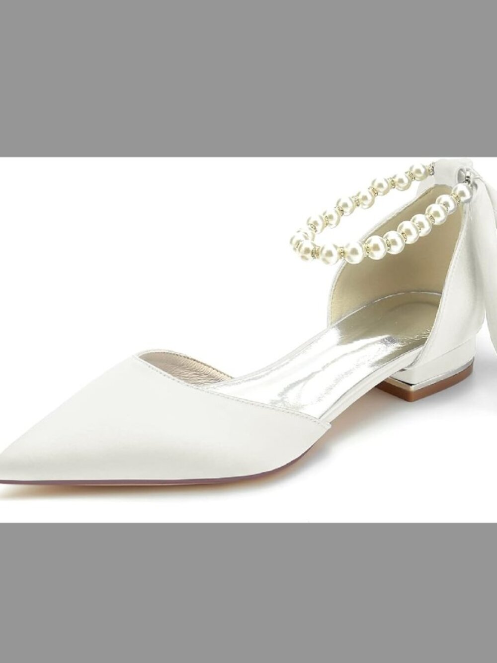 Women's Satin Pointed-Toe Pearl Ankle-Tie Flats - Ivory